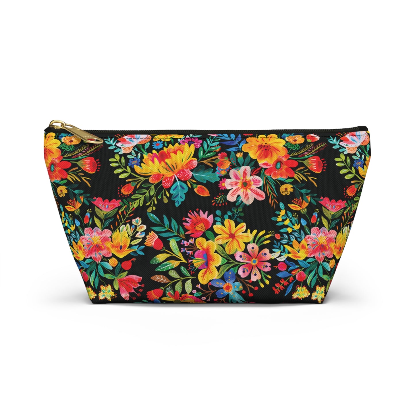 Bright Bold Watercolor Flowers - Black 000000 - Accessory Pouch w T-bottom