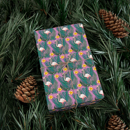 Gift Wrap Papers - Flamingo in Palms and Plumeria Tropical pattern - Fuschia Pink