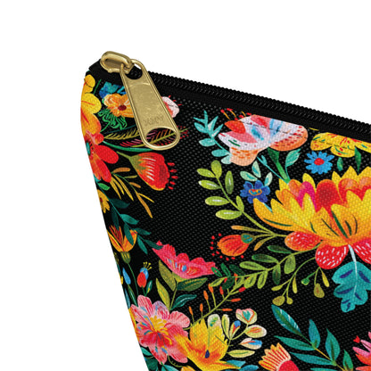 Bright Bold Watercolor Flowers - Black 000000 - Accessory Pouch w T-bottom