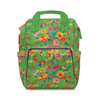 Bright Bold Watercolor Flowers - Bright Apple Green 56BD00  - Multifunctional Diaper Backpack