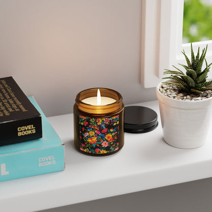 Bright Bold Watercolor Flowers - Black 000000 - Scented Soy Candle