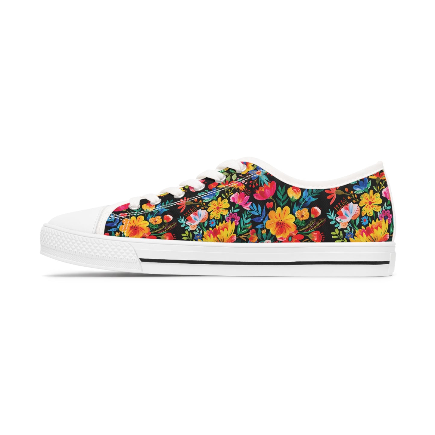 Bright Bold Watercolor Flowers - Black 000000 - Women's Low Top Sneakers