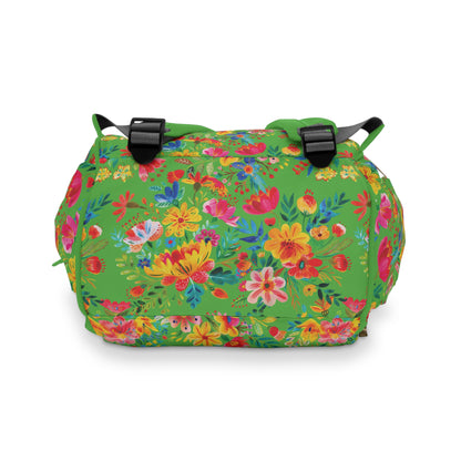 Bright Bold Watercolor Flowers - Bright Apple Green 56BD00  - Multifunctional Diaper Backpack