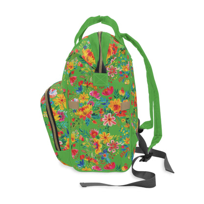 Bright Bold Watercolor Flowers - Bright Apple Green 56BD00  - Multifunctional Diaper Backpack