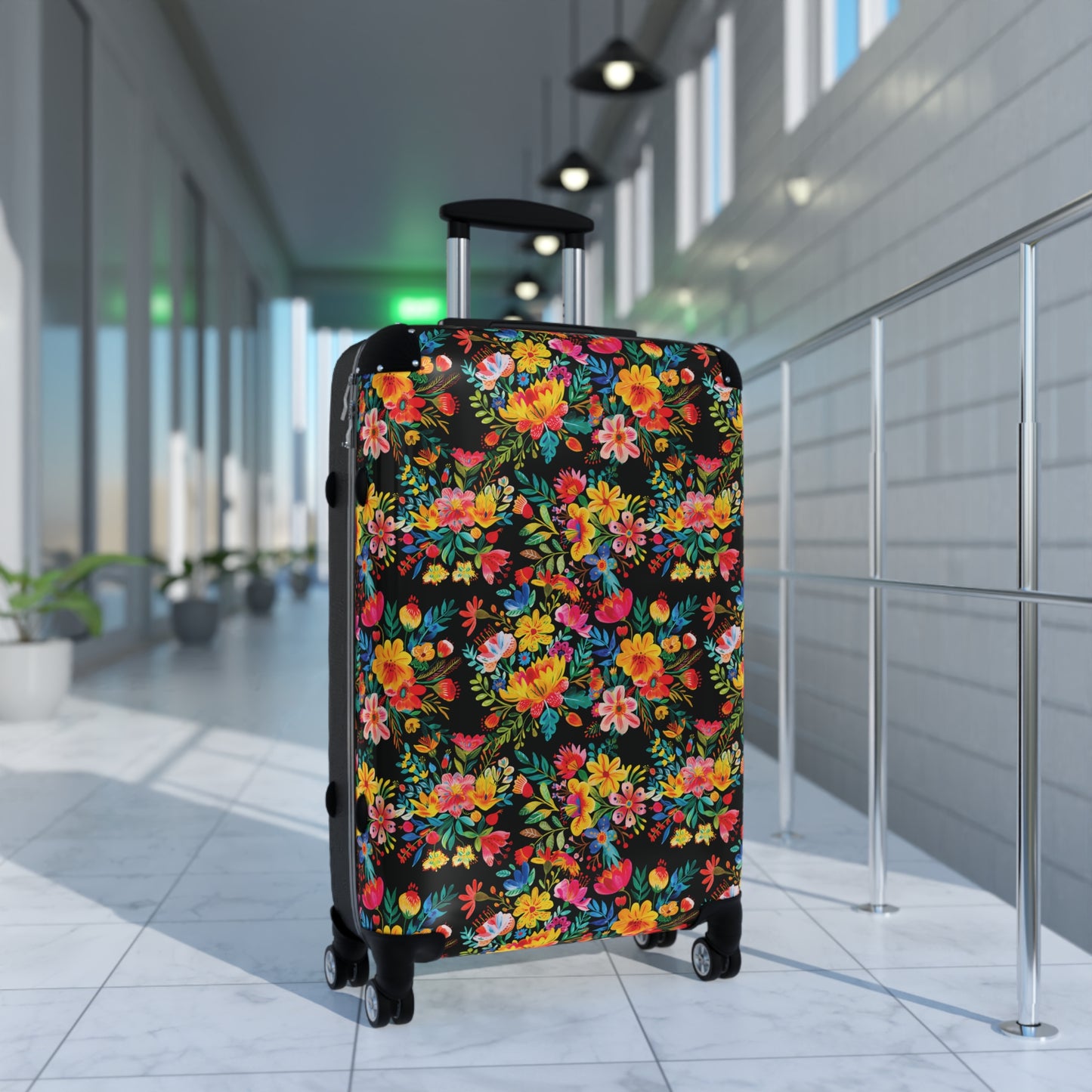 Bright Bold Watercolor Flowers - Black 000000 - Suitcase