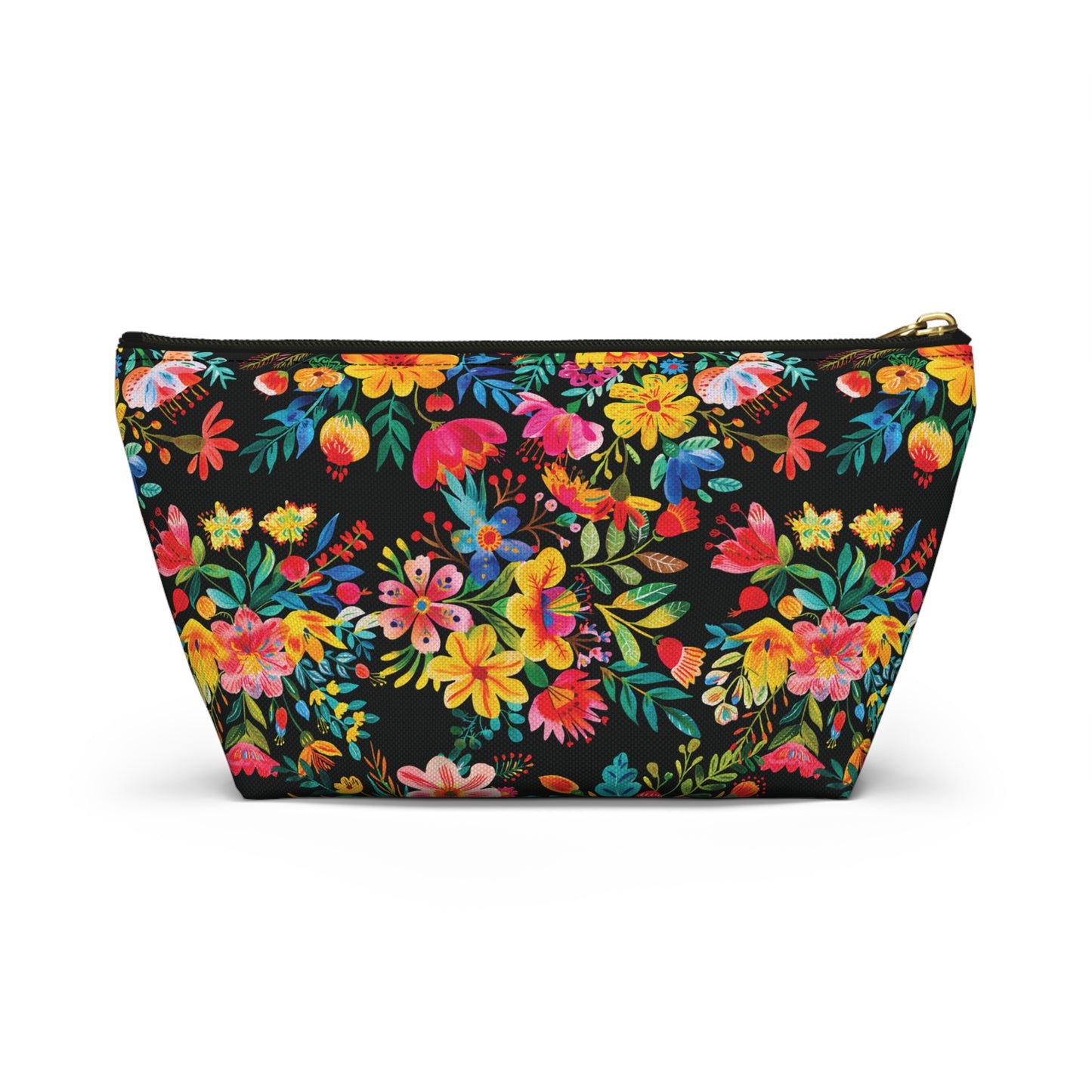 Bright Bold Watercolor Flowers - Black 000000 - Accessory Pouch w T-bottom