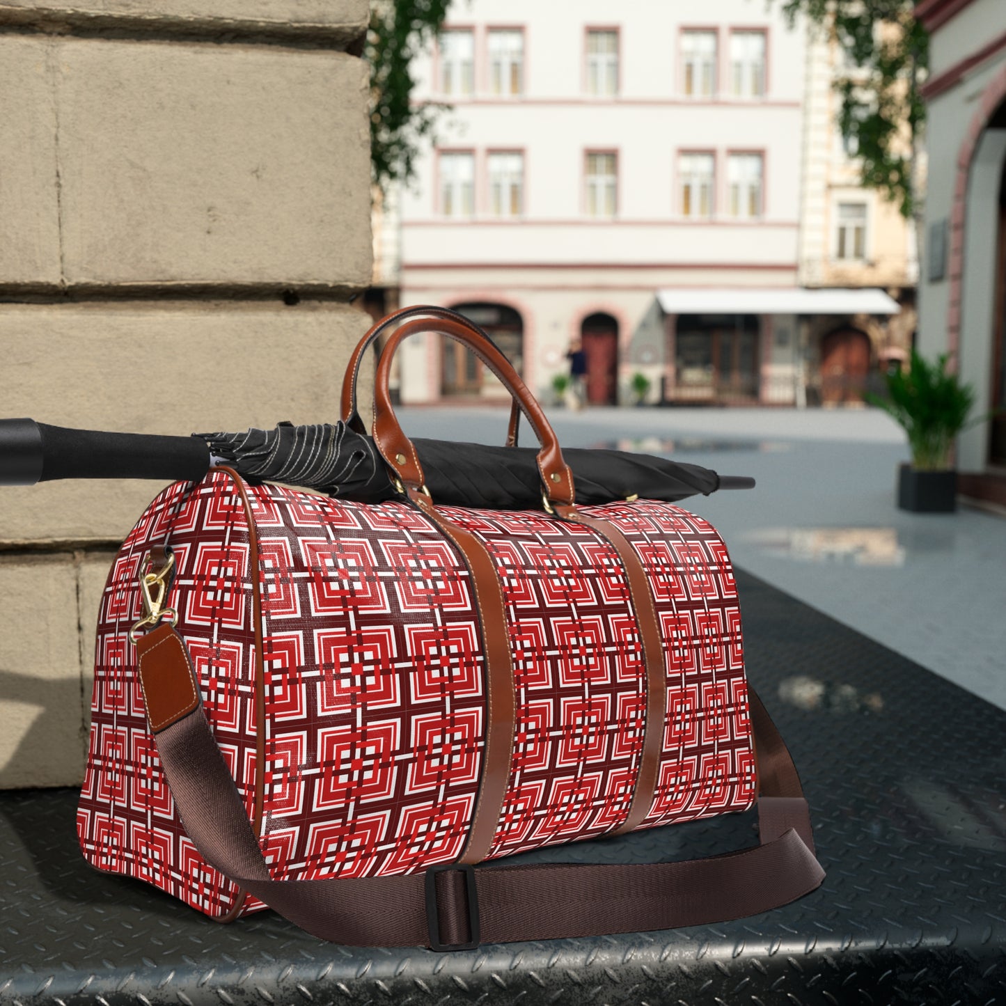 Intersecting Squares - Red - White ffffff - Waterproof Travel Bag