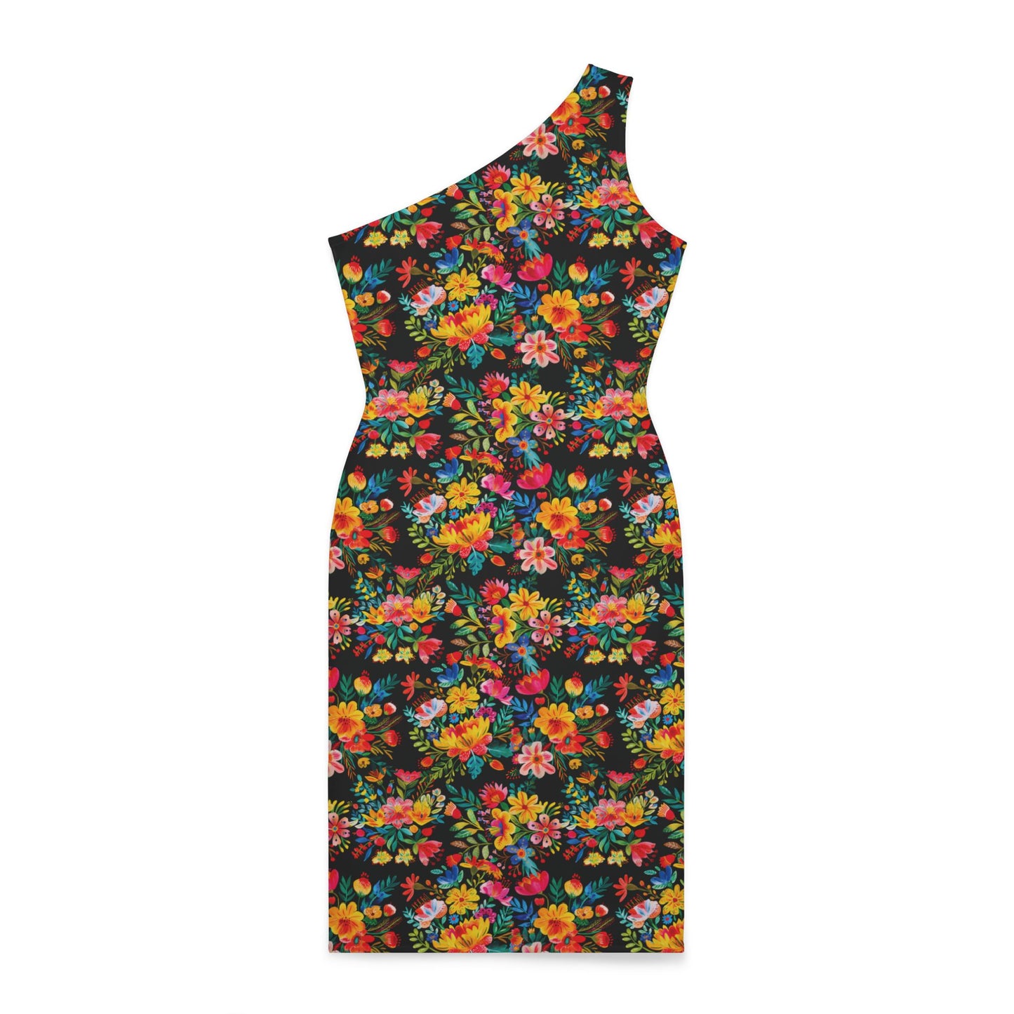 Bright Bold Watercolor Flowers - Black 000000 - Shoulder Dress