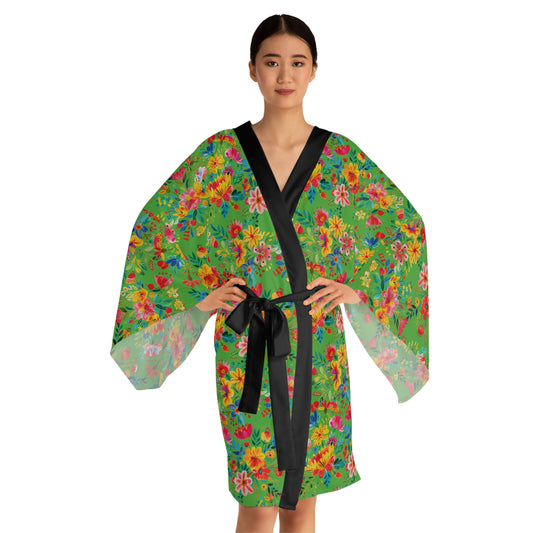 Bright Bold Watercolor Flowers - Bright Apple Green 56BD00 - Long Sleeve Kimono Robe