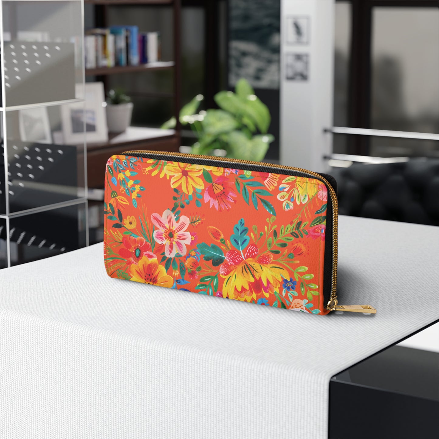 Bright Bold Watercolor Flowers - Orange #FE5000 - Zipper Wallet