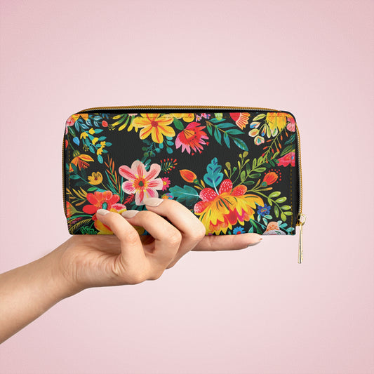 Bright Bold Watercolor Flowers - Black 000000 - Zipper Wallet