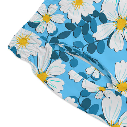 White Flowers on Blue - Swim Trunks