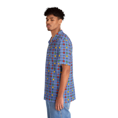 Geometric Black Grid with Squares - Fennel Flower 74a6ff - Men's Hawaiian Shirt (AOP)