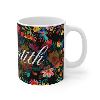 Meredith - Bright Bold Watercolor Flowers - Black 000000 - Mug 11oz