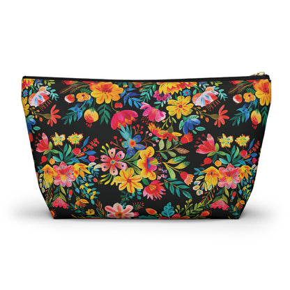 Bright Bold Watercolor Flowers - Black 000000 - Accessory Pouch w T-bottom