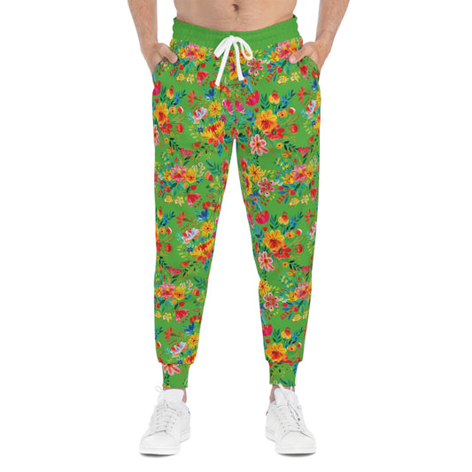 Bright Bold Watercolor Flowers - Bright Apple Green 56BD00 - Athletic Joggers