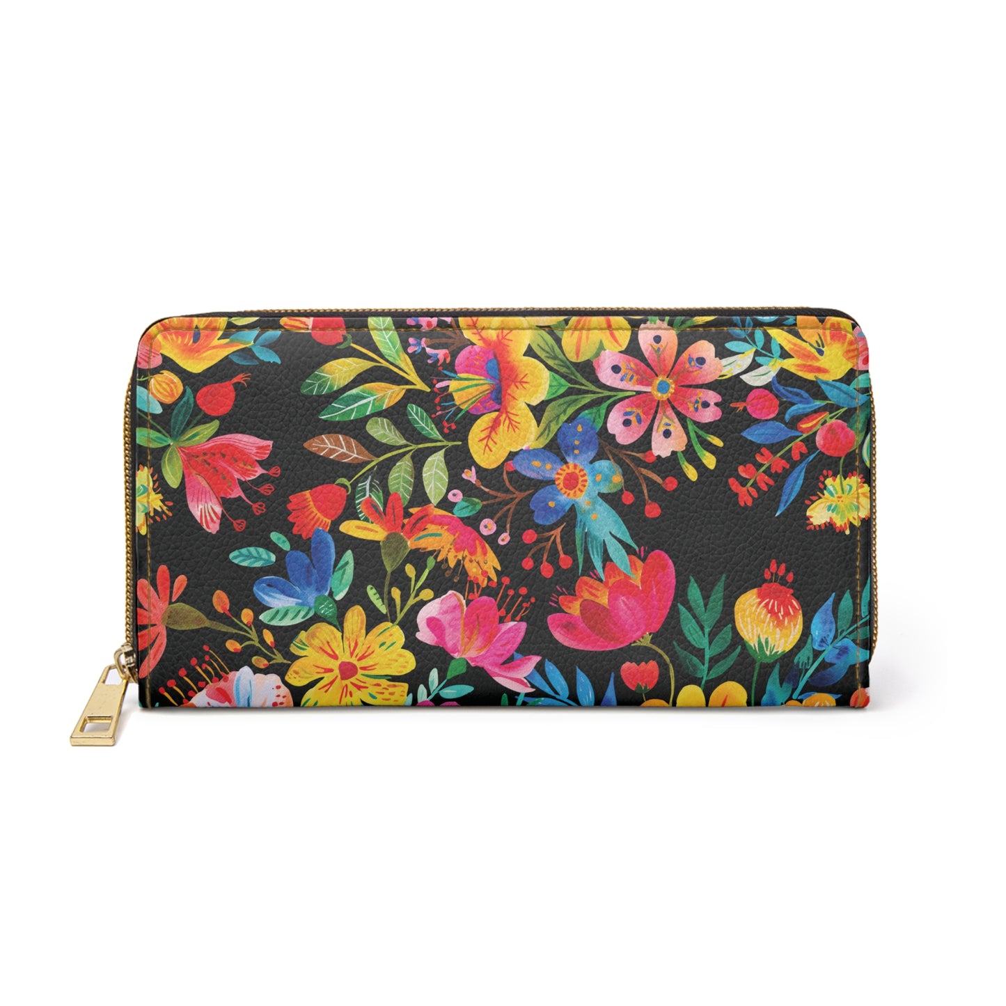 Bright Bold Watercolor Flowers - Black 000000 - Zipper Wallet