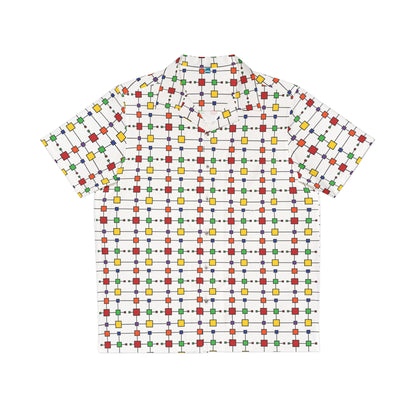 Geometric Black Grid with Squares - White ffffff - Men's Hawaiian Shirt (AOP)