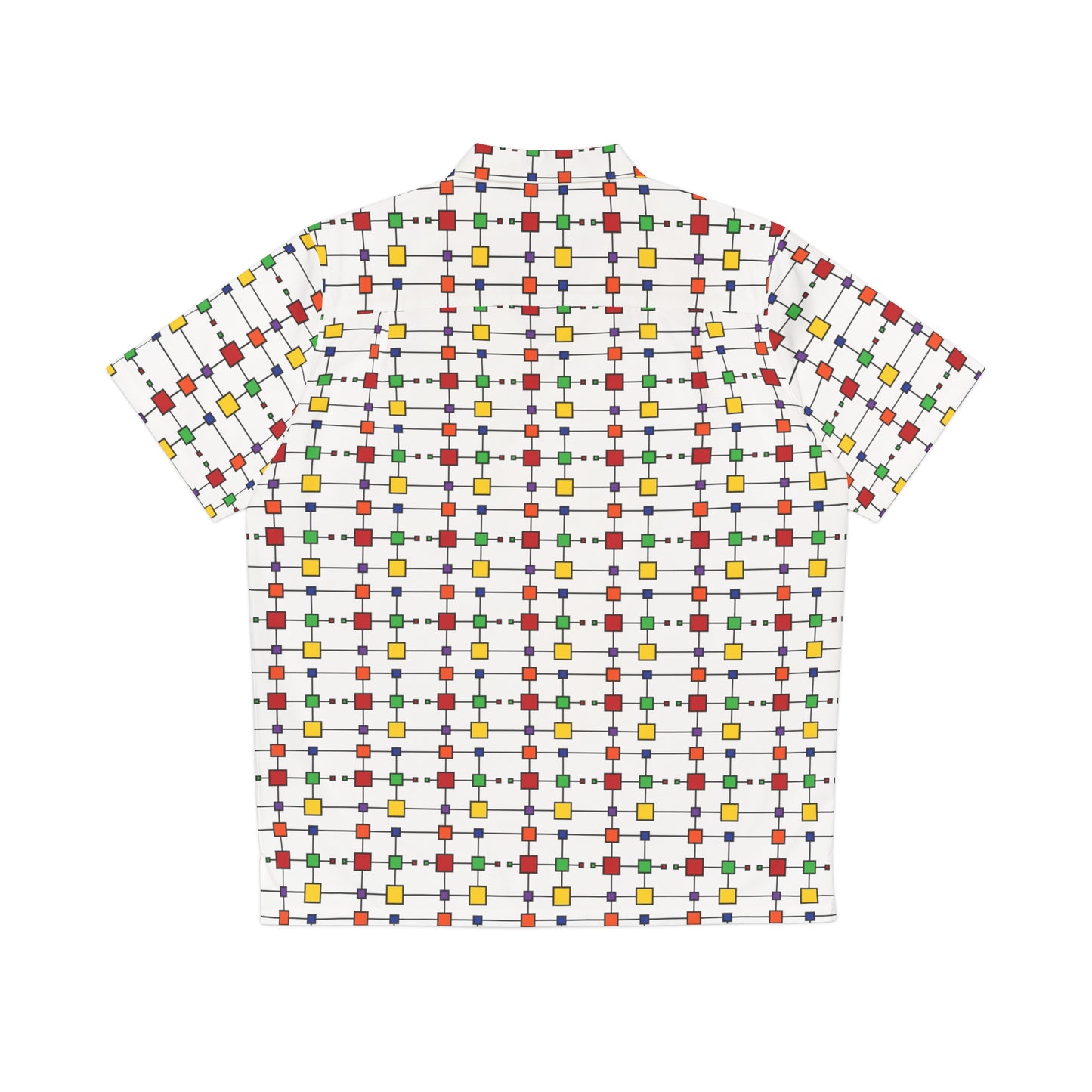 Geometric Black Grid with Squares - White ffffff - Men's Hawaiian Shirt (AOP)