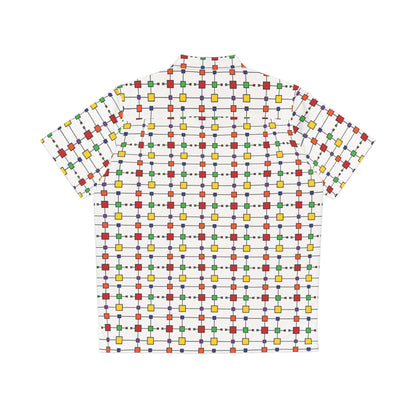 Geometric Black Grid with Squares - White ffffff - Men's Hawaiian Shirt (AOP)