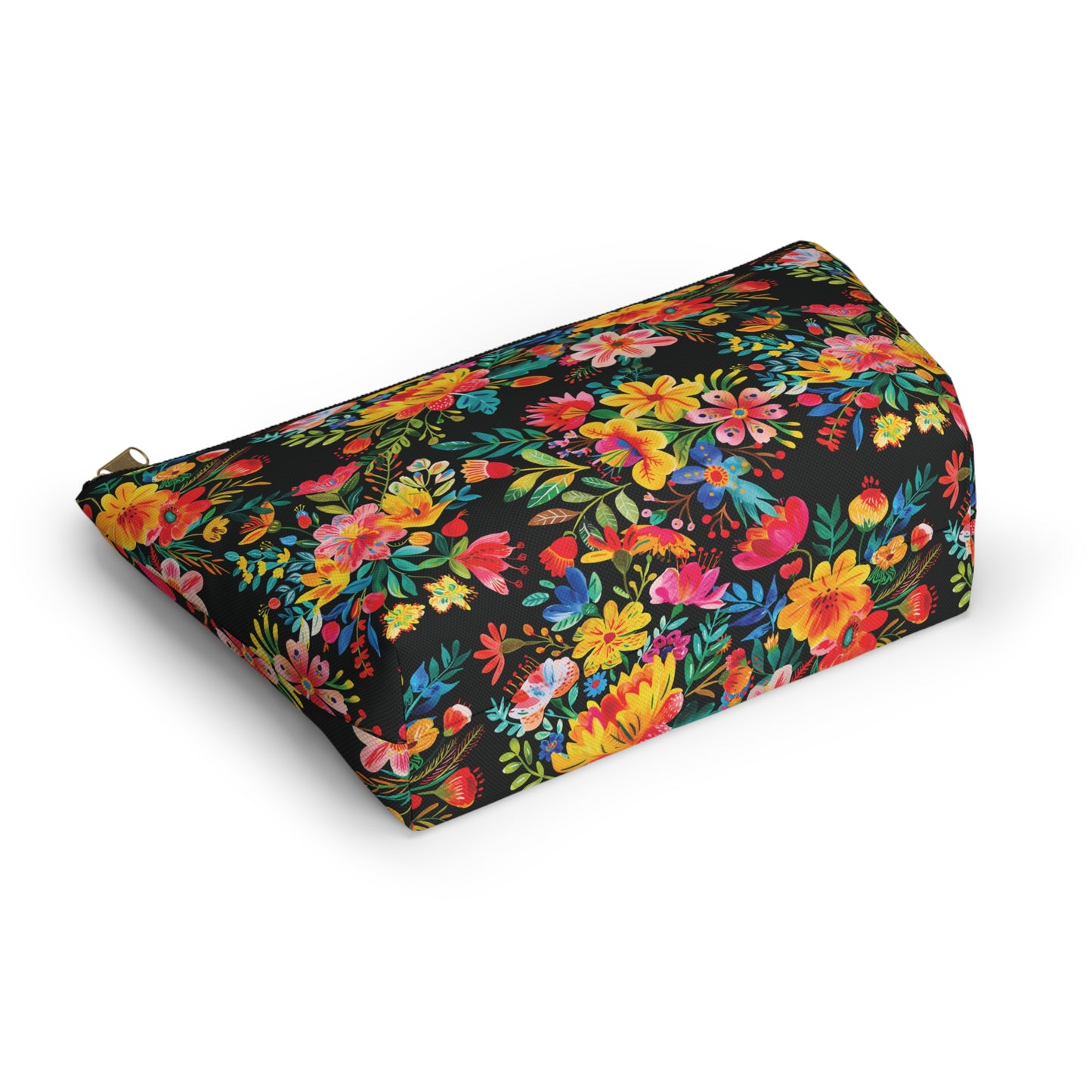 Bright Bold Watercolor Flowers - Black 000000 - Accessory Pouch w T-bottom