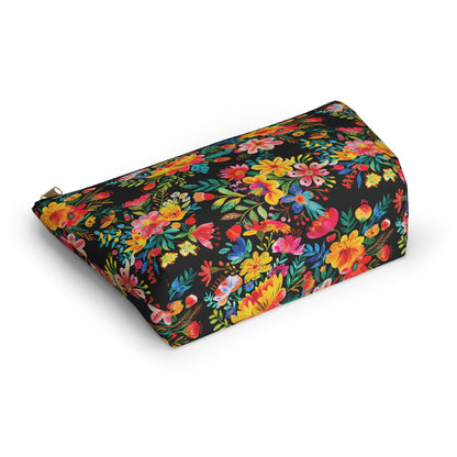 Bright Bold Watercolor Flowers - Black 000000 - Accessory Pouch w T-bottom