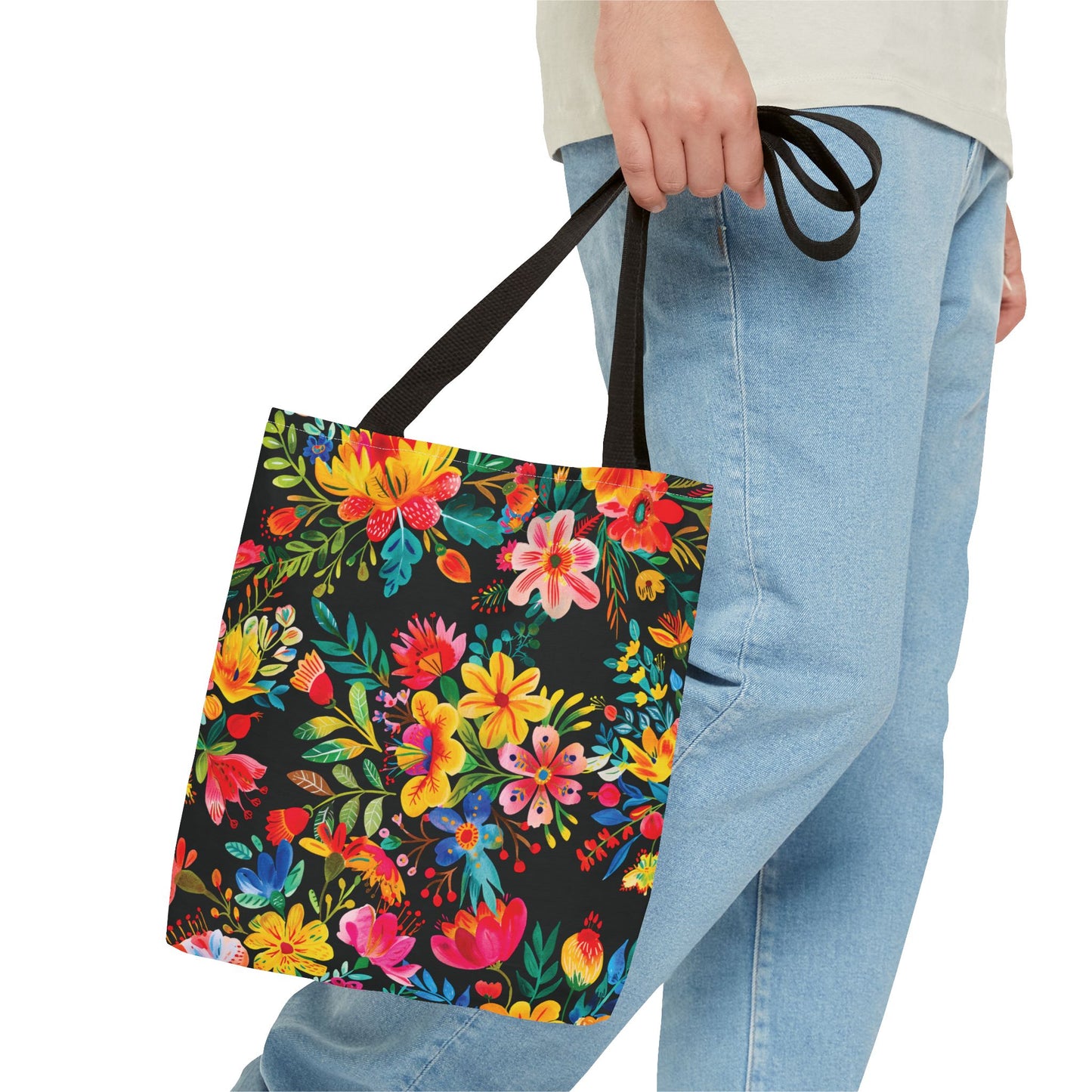 Bright Bold Watercolor Flowers - Black 000000 - Tote Bag