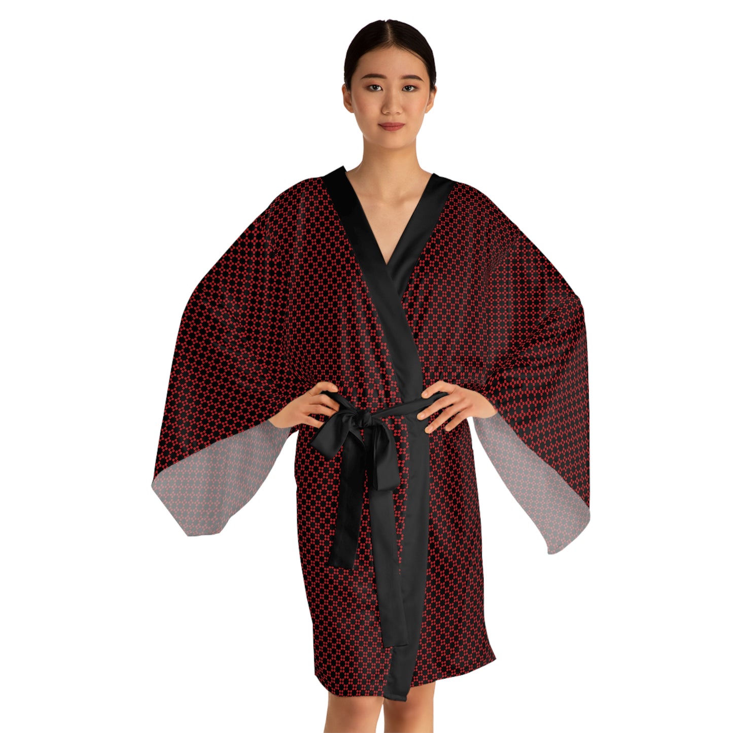 Pixel Petals - Red - Black - Long Sleeve Kimono Robe (AOP)