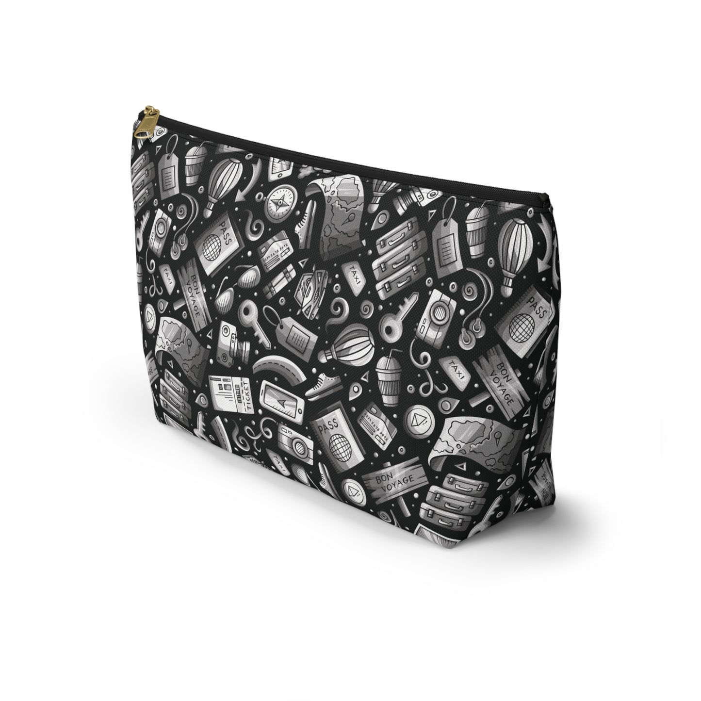 Travel Vibes - Gray on Black 000000 - Accessory Pouch w T-bottom