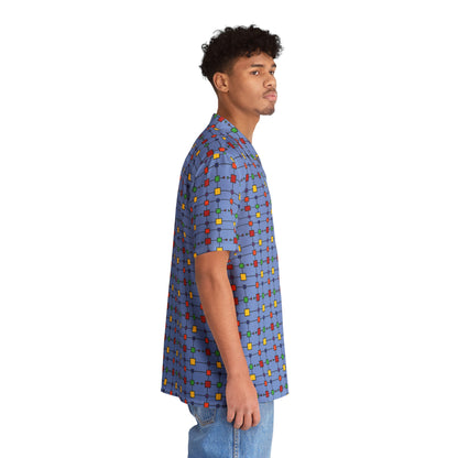 Geometric Black Grid with Squares - Fennel Flower 74a6ff - Men's Hawaiian Shirt (AOP)