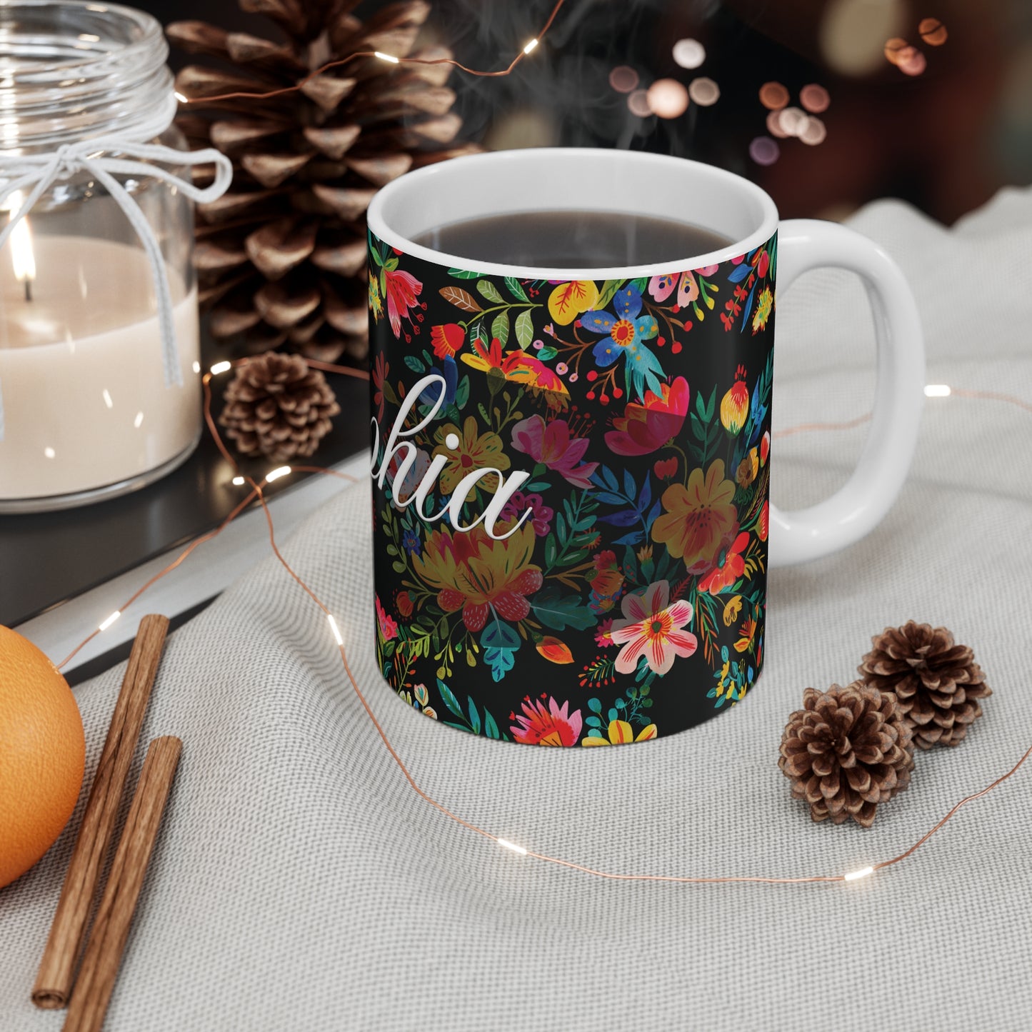 Sophia - Bright Bold Watercolor Flowers - Black 000000 - Mug 11oz