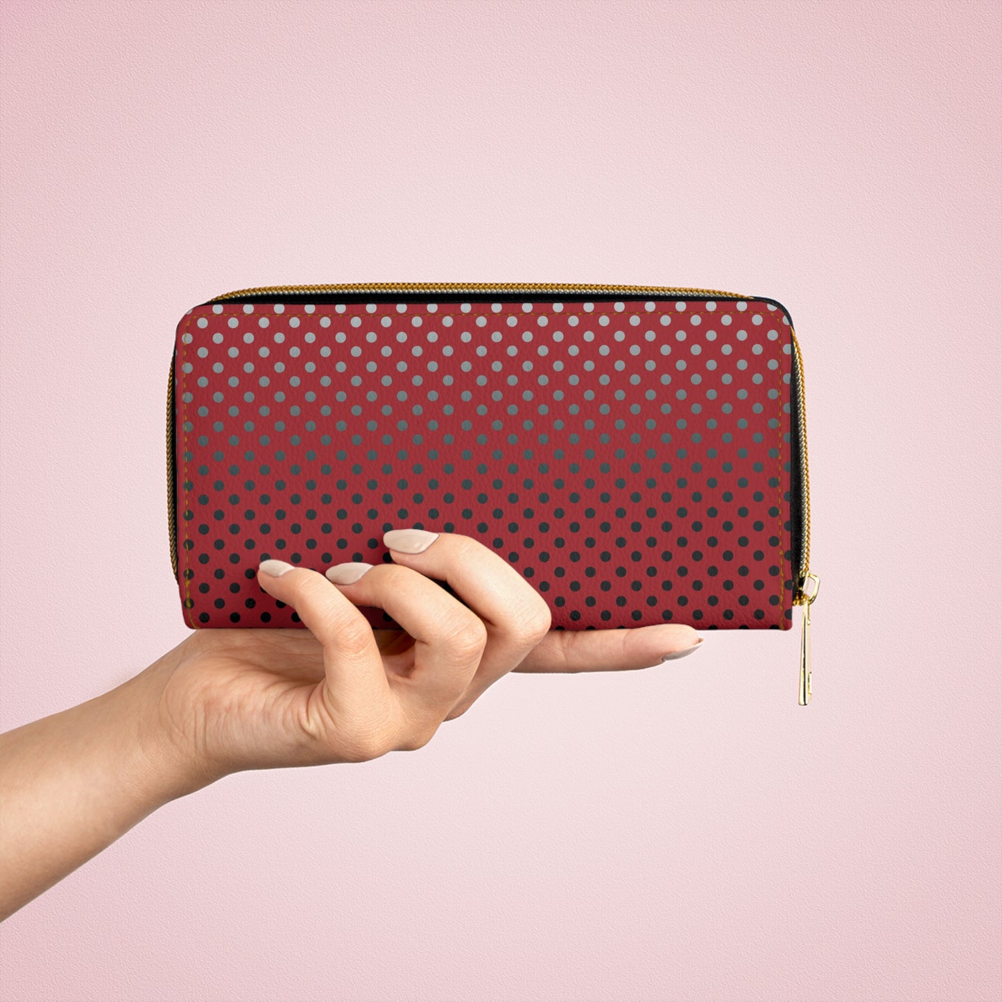 Red with Black Gray White Dots - Zipper Wallet