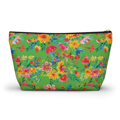 Bright Bold Watercolor Flowers - Bright Apple Green 56BD00 - Accessory Pouch w T-bottom