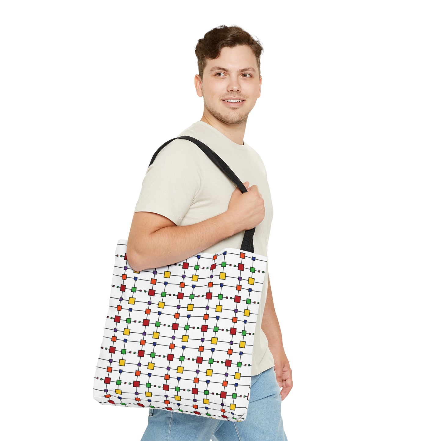 Geometric Black Grid with Squares - White ffffff  - Tote Bag