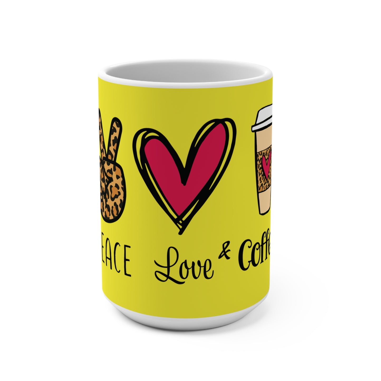 Peace Love and Coffee - Yellow fff800 - Mug 15oz