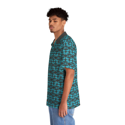 Playful Dolphins - Maximum Blue Green 33cccc - Black 000000 - Men's Hawaiian Shirt