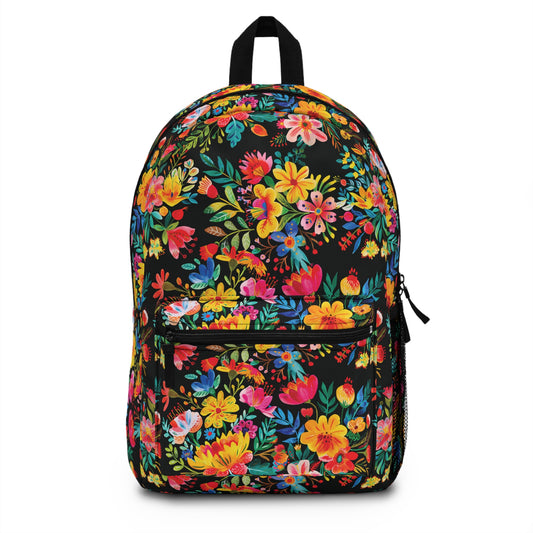 Bright Bold Watercolor Flowers - Black 000000 - Backpack