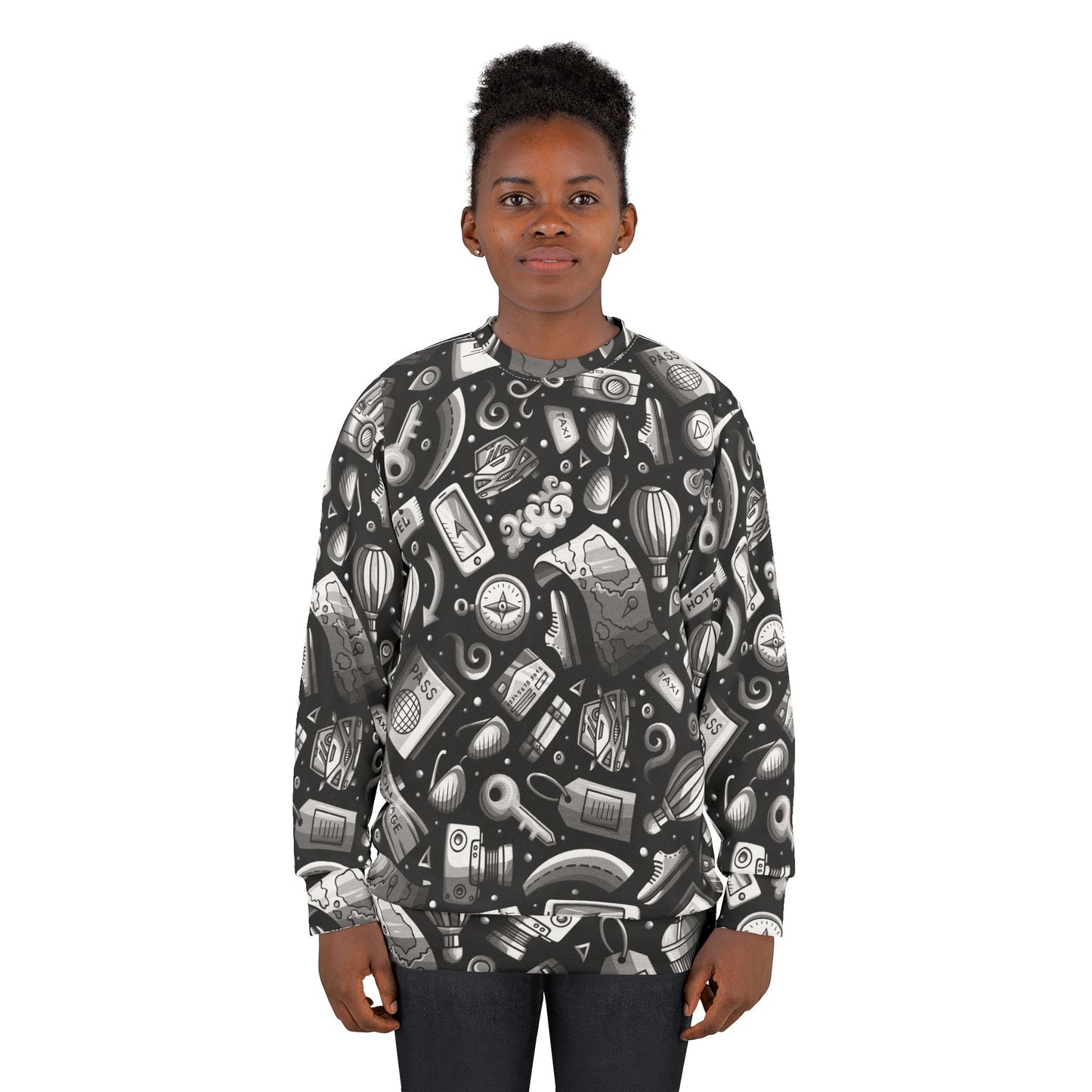 Travel Vibes - Gray on Black 000000 - Unisex Sweatshirt (AOP)