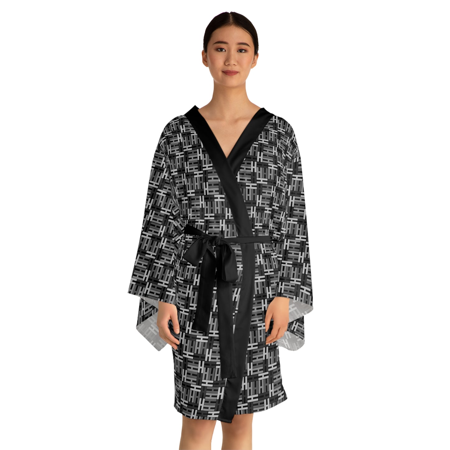 Letter Art - H - Black 000000 - Long Sleeve Kimono Robe (AOP)