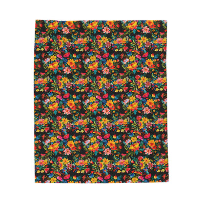 Bright Bold Watercolor Flowers - Black 000000 - Velveteen Plush Blanket