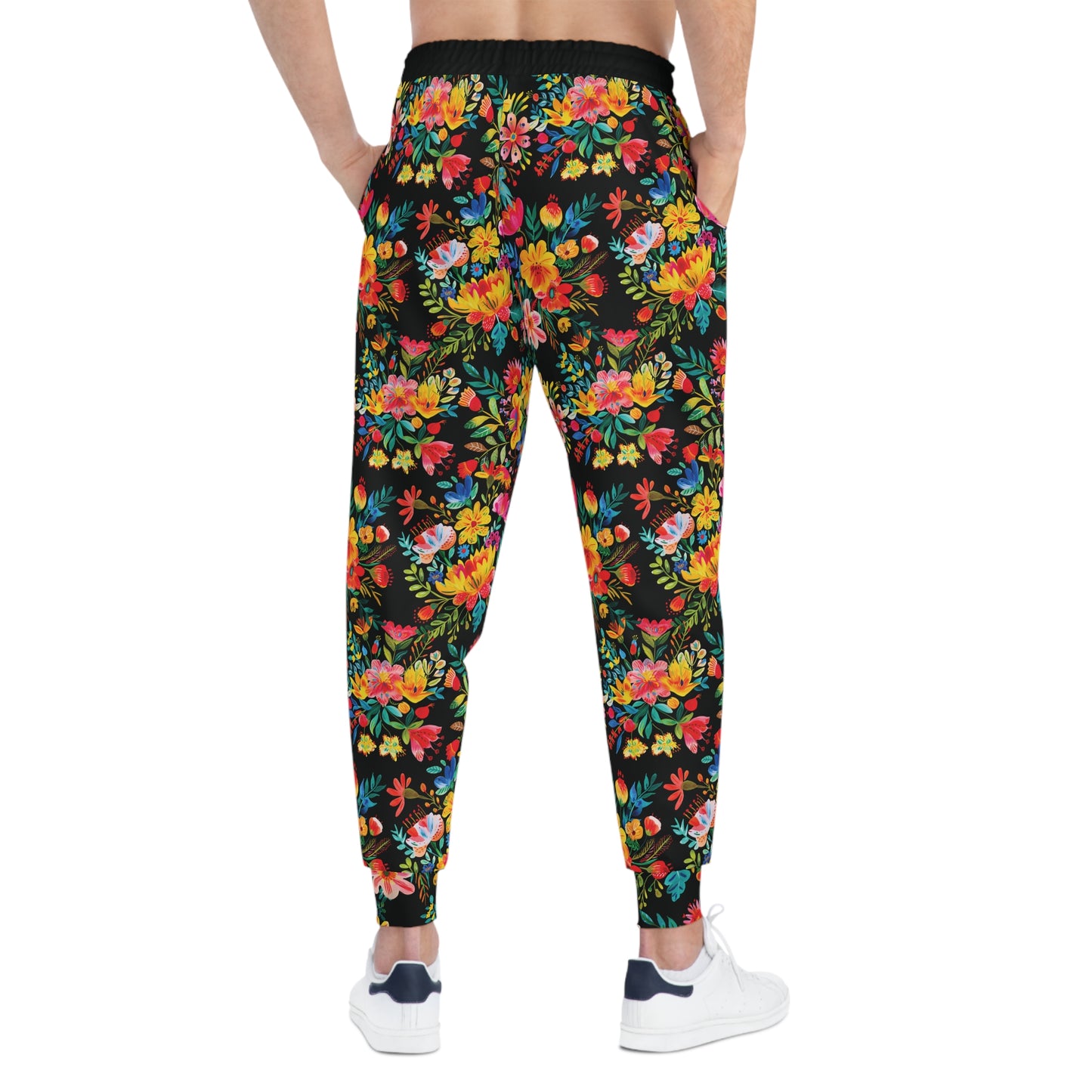 Bright Bold Watercolor Flowers - Black 000000 - Athletic Joggers