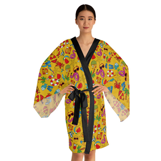 Summer Vibes - Gold Color ffcc00 - Long Sleeve Kimono Robe (AOP)