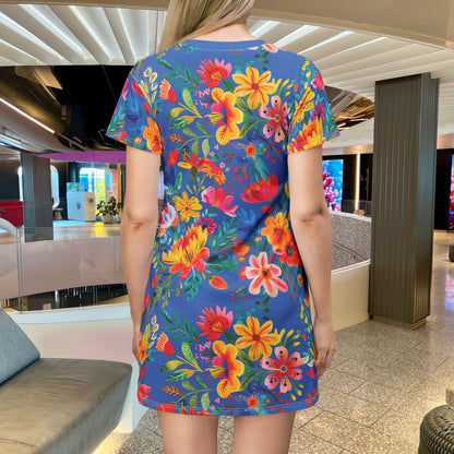 Bright Bold Watercolor Flowers - Azure - T-Shirt Dress