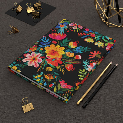 Bright Bold Watercolor Flowers - Black 000000 - Hardcover Journal Matte