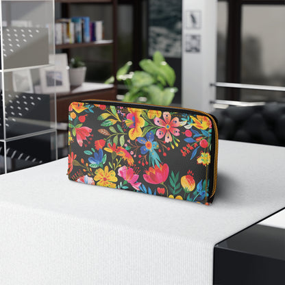 Bright Bold Watercolor Flowers - Black 000000 - Zipper Wallet