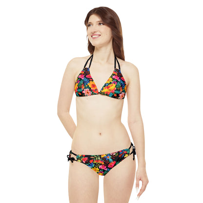 Bright Bold Watercolor Flowers - Black 000000 - Strappy Bikini Set