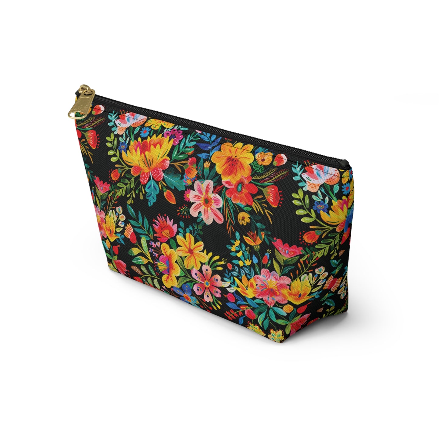 Bright Bold Watercolor Flowers - Black 000000 - Accessory Pouch w T-bottom