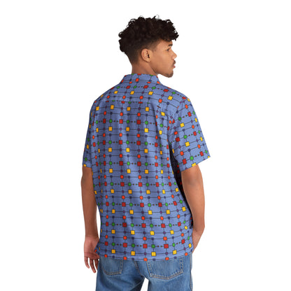 Geometric Black Grid with Squares - Fennel Flower 74a6ff - Men's Hawaiian Shirt (AOP)