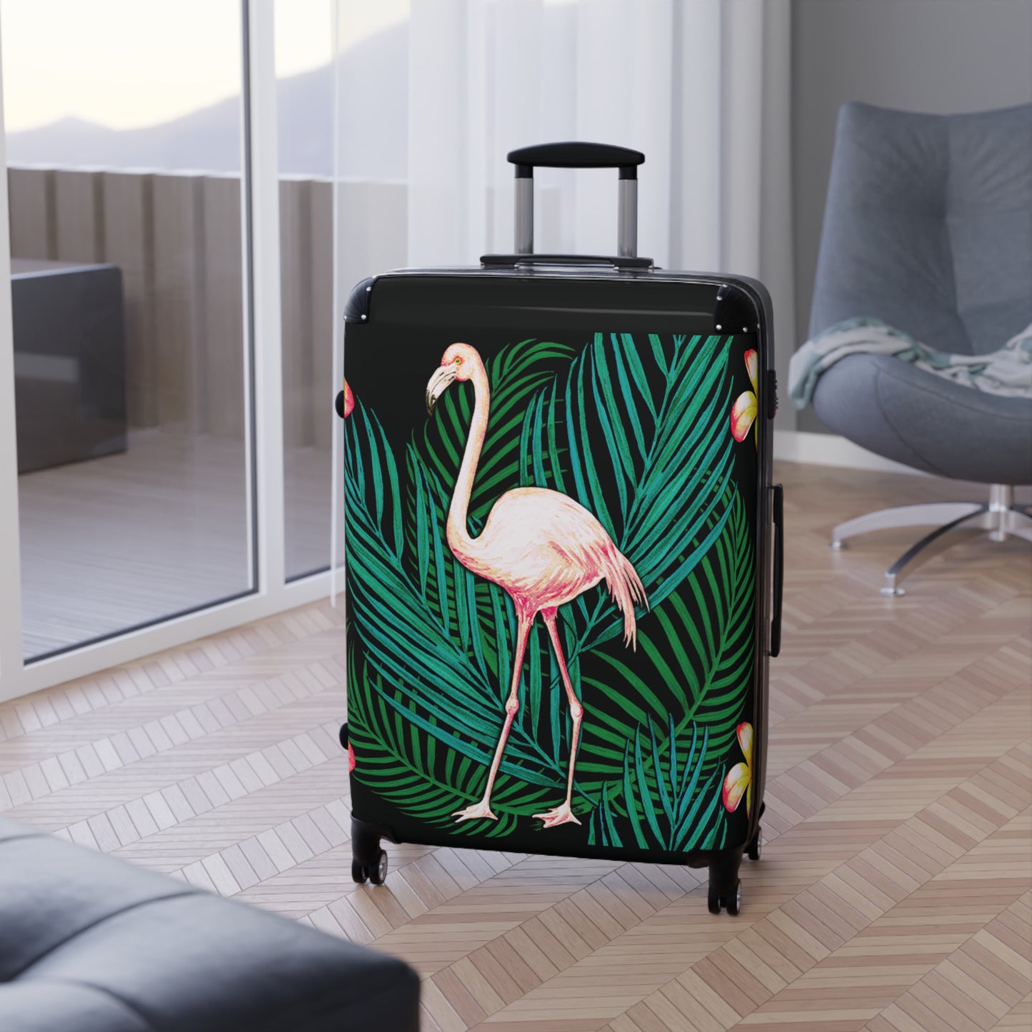 Suitcase - Flamingo in Palms and Plumeria Tropical pattern - Black