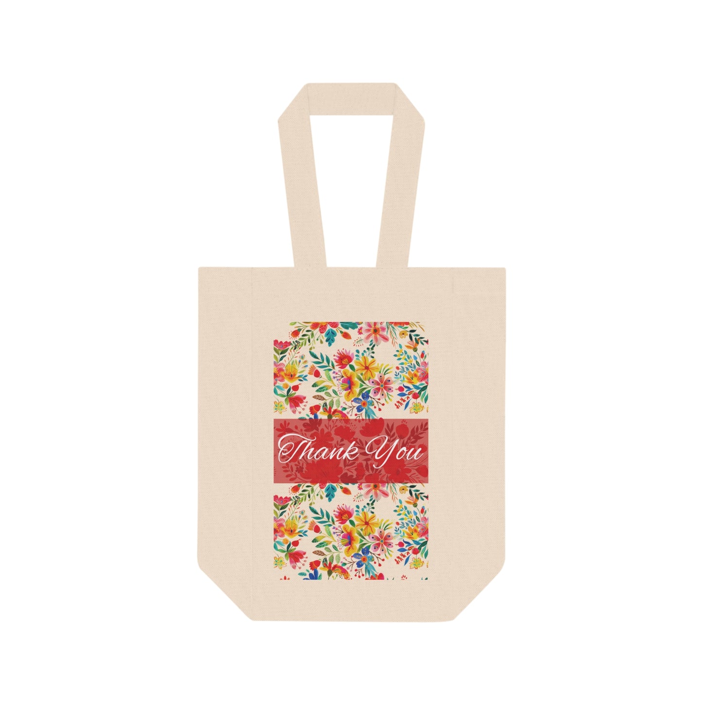 Double Wine Tote Bag - Thank You - Bright Bold Watercolor Flowers